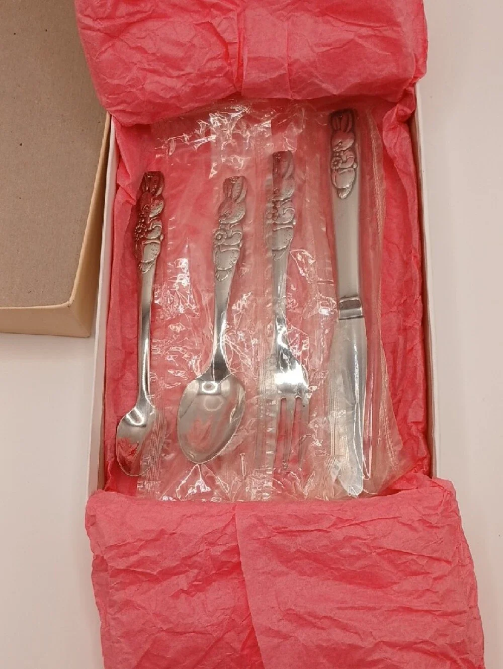Oneida Peter Rabbit Child's Vtg Stainless Flatware Set of 4 (3 new, 1 used)